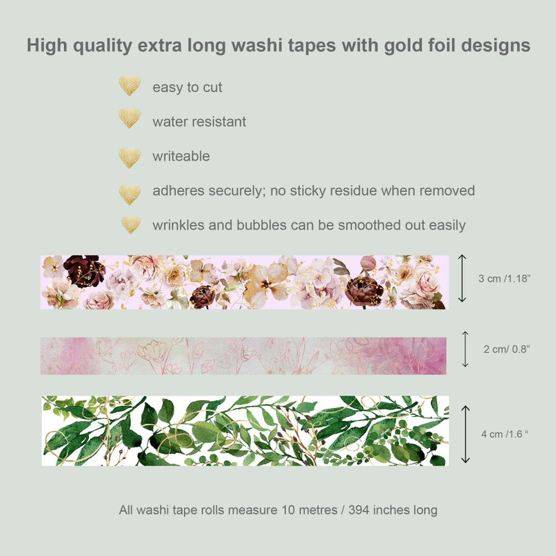 Serenity Fair Gold foil washi Tapes with Flowers, Leaves. Extra Long 10 metre / 33 feet Tape Rolls - Image 2